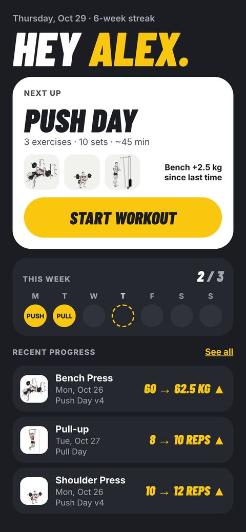 Smart Gains home screen: next workout and weekly streak