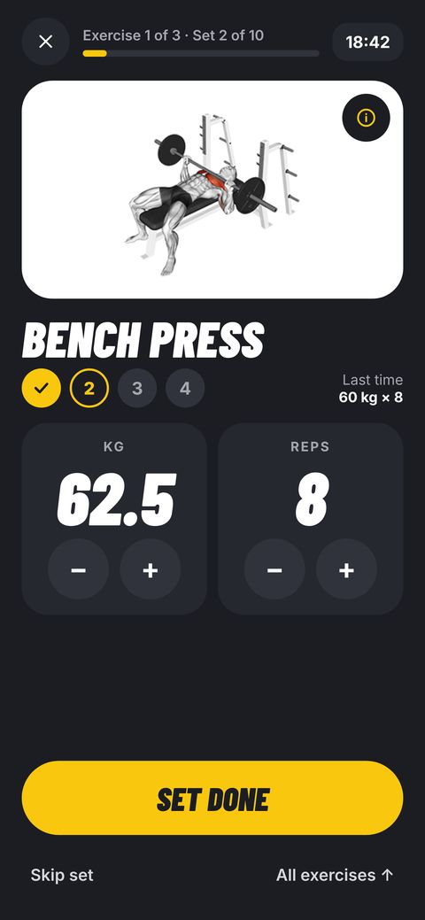 Smart Gains during a workout: logging a bench press set